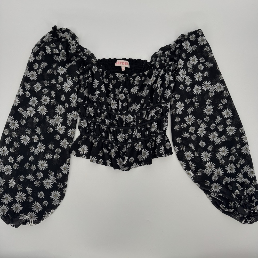 Leyden Daisy Floral Smocked Crop Top Ruffled Black Women's Size Small